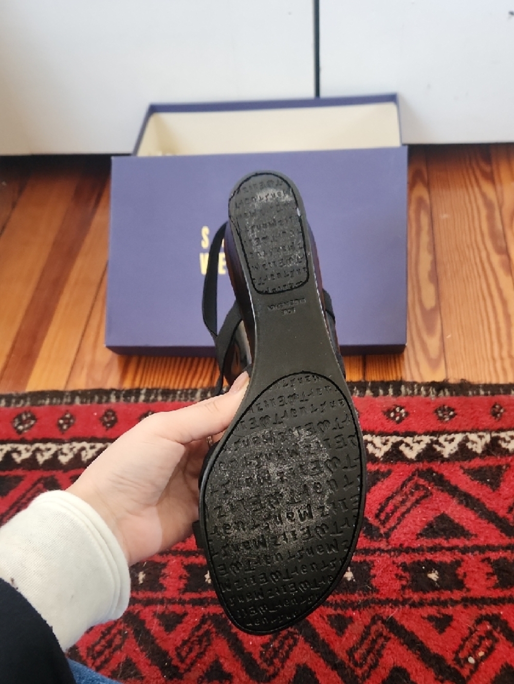 Stuart Weitzman Black Strappy Wedge Sandals with Slingback - Picture 5 of 6